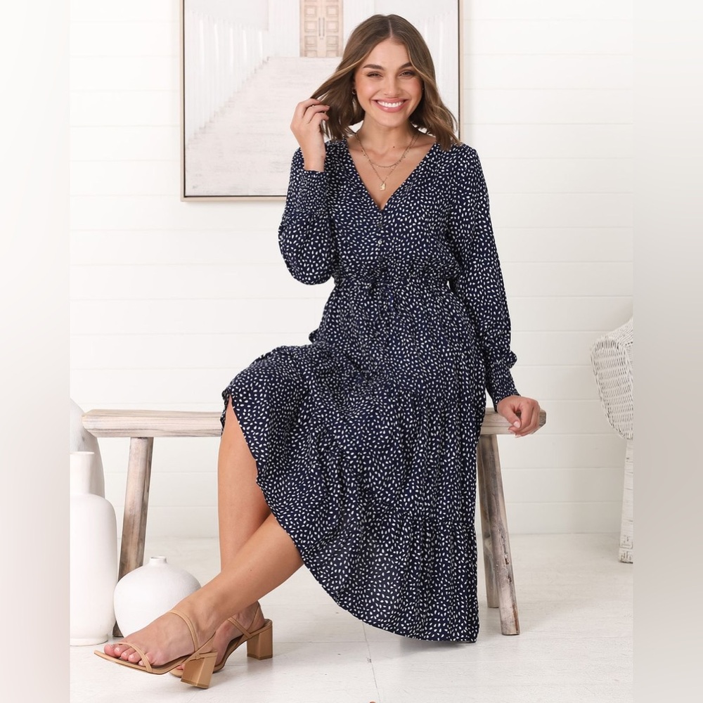 Floral Print High Waist A-Line Long Sleeve Midi Dress S